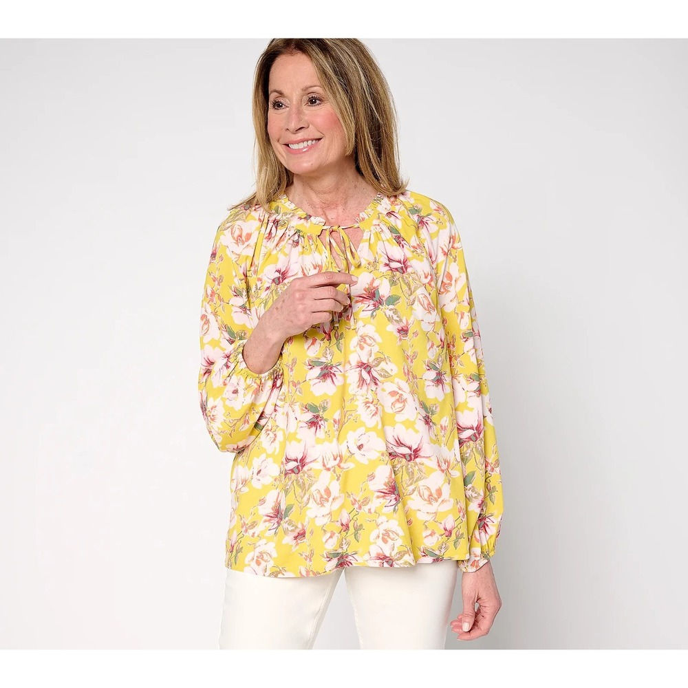 Martha Stewart Signature Woven Printed Peasant Blouse Yel lo: L {#354-H